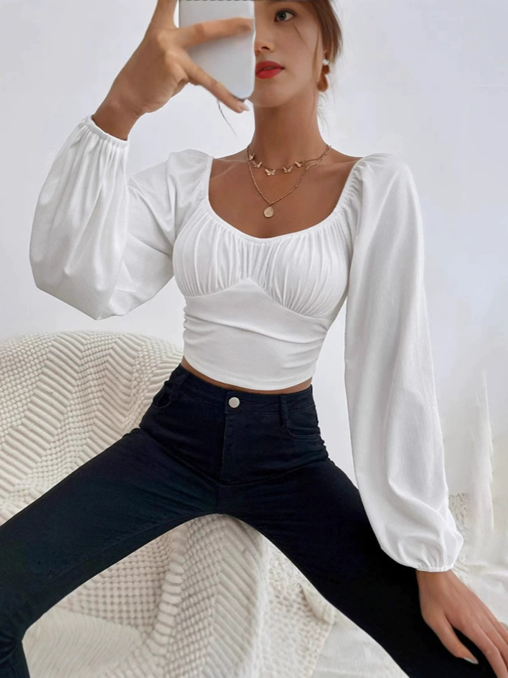 Zara New Square Neck Lantern Sleeve Solid Slim Fit Stretch High Waist Top